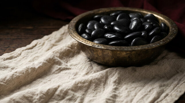 Rustic luxury still life featuring a brass bowl filled with dark, smooth objects on natural linen, evoking a serene yet opulent aesthetic, perfect for a black friday luxury promotion