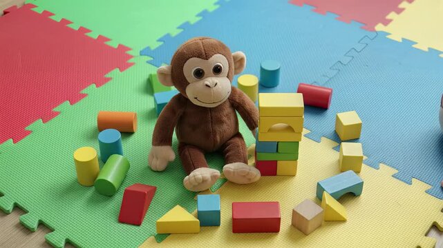 Plush monkey toy with colorful building blocks on foam play mat