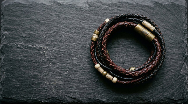 Black Friday luxury a handcrafted braided leather bracelet. Rustic metal, natural wood beads, dark tones create timeless elegance on a stone background