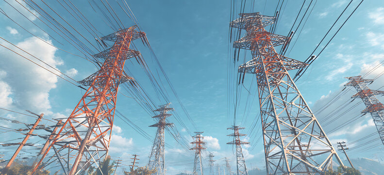 Electricity transmission towers with glowing wires against blue sky - Energy concept
