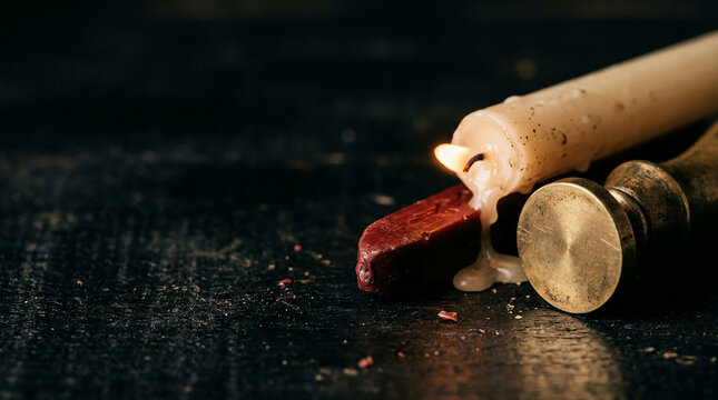 Flickering candle, melting red sealing wax, and a vintage brass stamp on a dark background, embodying classic black friday luxury and refined tradition