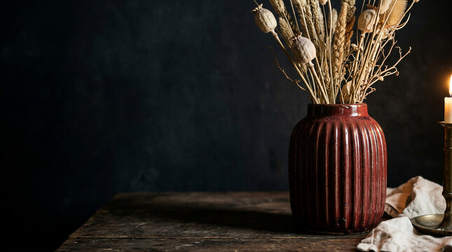 Black friday luxury displayed in an elegant still life composition, featuring dried plants and a warm candle, perfect for rustic interior design