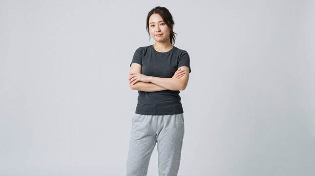 白背景で腕を組んで自信に満ちた表情の少しお腹がぽっこりした体型の20代日本人女性：筋トレ・ボディメイクの成果のイメージ