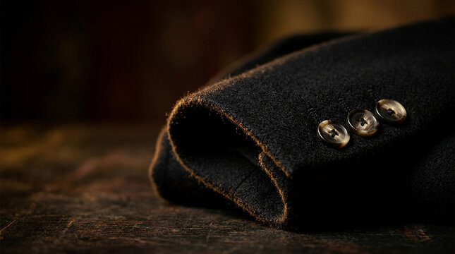 A detailed view of a luxurious dark wool coat sleeve, adorned with elegant buttons, epitomizes sophisticated Black Friday luxury, comfort, and impeccable style