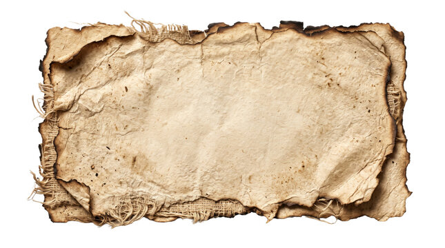 Ancient Fibrous Manuscript Torn Paper Burnt Edges Isolated on White