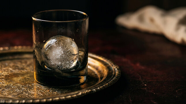 Unveil black Friday luxury a single, exquisite spherical ice cube in a sophisticated glass, presented beautifully on a polished silver tray, embodying refined elegance