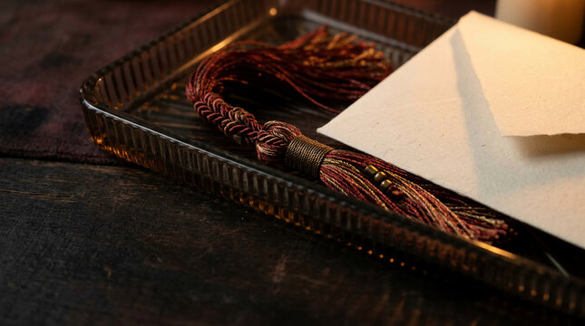 A refined scene for Black Friday luxury an elegant unsealed envelope and a rich decorative tassel on a dark, textured tray, ideal for upscale gifts