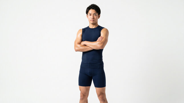 白背景で腕を組んで自信に満ちた表情の引き締まったフィットネスモデル体型の20代日本人男性：筋トレ・ボディメイクの成果のイメージ