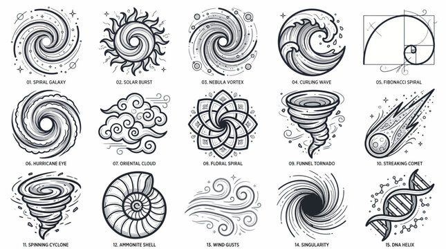 Spiral and vortex symbol set featuring cosmic galaxy swirl, fibonacci golden spiral and tornado wind icon, concept for abstract graphic design and sacred geometry illustration