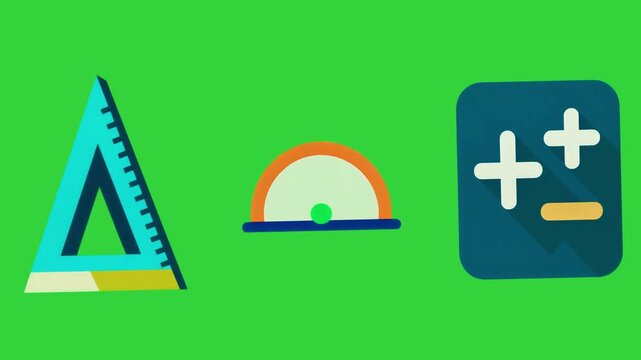 Animated Math and Education Icons Triangle Ruler Protractor and Calculator for School Learning and E-learning Animation