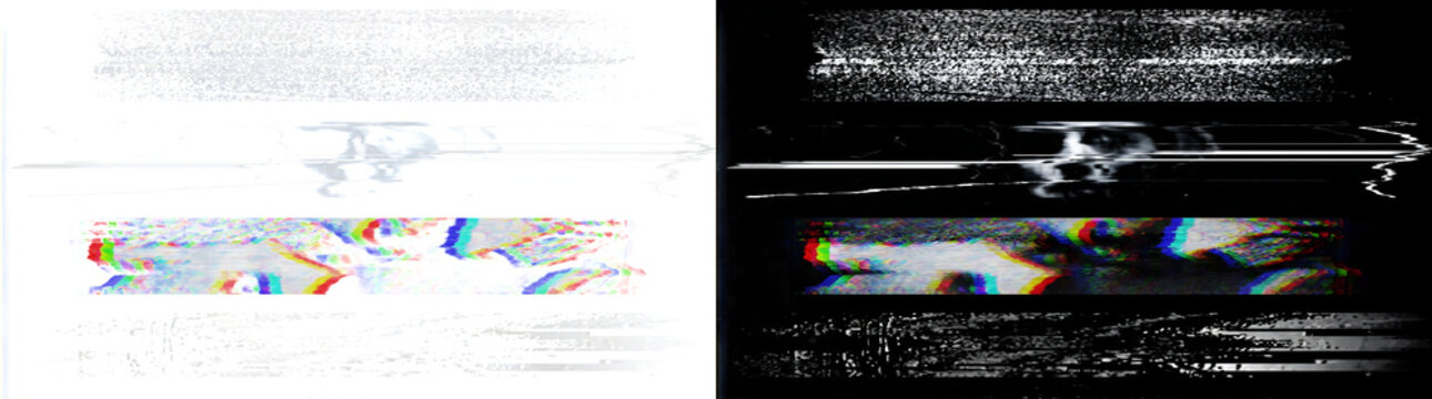 Glitch noise overlay with RGB color split and static bands for video editing in PNG, Transparent and Black Background Versions