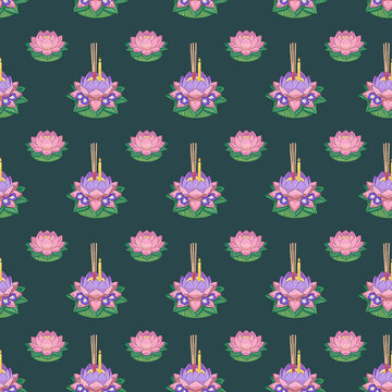 Thai traditional Loy Krathong festival seamless pattern illustration on dark blue background