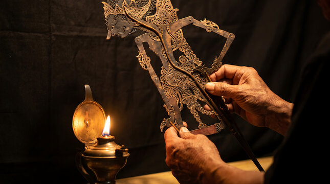 Dalang hands moving wayang kulit puppet beside oil lamp