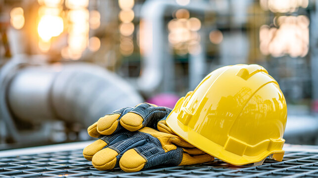 A yellow hard hat and protective construction gloves resting on a metal grate platform at a large industrial chemical refinery plant during a bright sunset.
