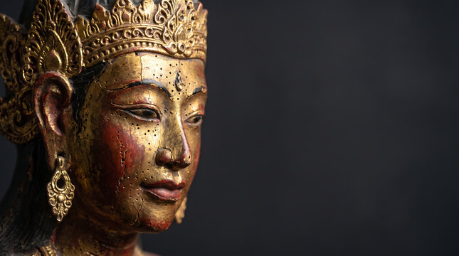 Close-up of wayang kulit puppet face with golden ornaments