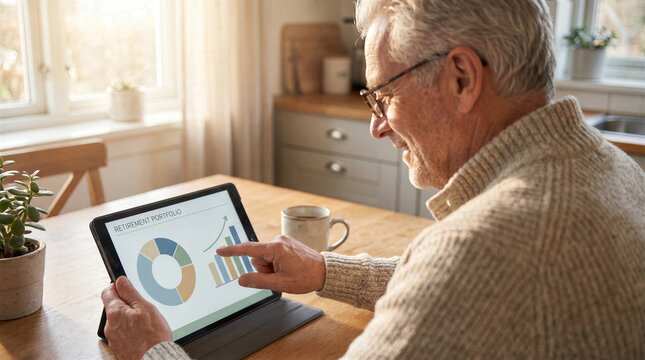 Senior man checking his retirement portfolio on a digital tablet at home