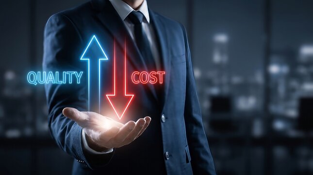 Businessman holding glowing icons showing high quality and low cost