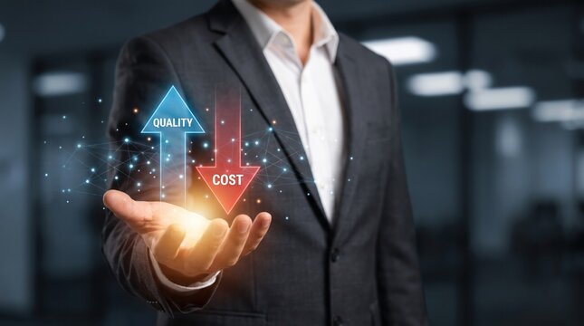 Businessman holding hologram arrows showing high quality and low cost