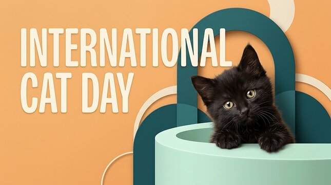 International Cat Day design with cute black kitten in mint tub, orange and teal geometric background for holiday marketing and social media promotion