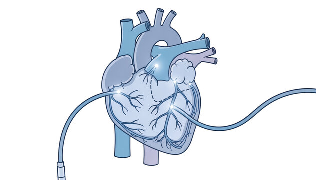 Schematic overlay highlighting key nodes and pathways of the hearts electrical conduction system with catheter routes illustrated in a simplified blue palette against a clean white