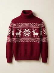 A luxury deep crimson red turtleneck Christmas sweater featuring intricate ivory Nordic patterns, reindeer silhouettes, and a snowflake motif against a minimalist cream backdrop. © Syamsul