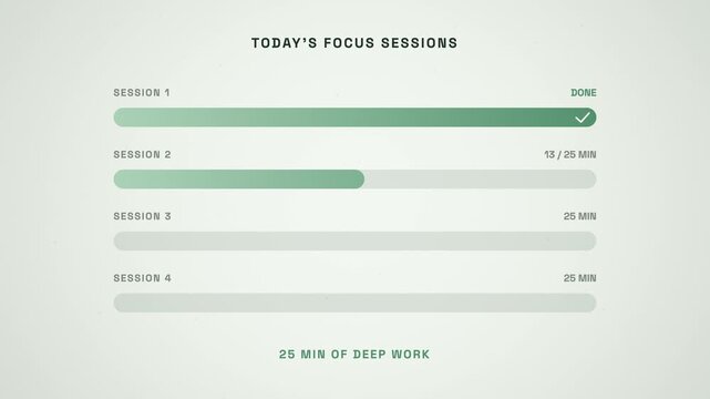 Focus session progress bars filling one by one with check marks on sage green, seamless loop