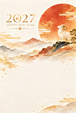 赤い初日の出と山並みを背景に白い羊を描いた2027年未年の上品な和風年賀状