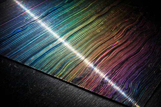 Macro of iridescent diffraction grating foil with rainbow interference bands on black metal