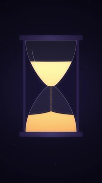 Vertical amber hourglass emptying its top bulb then flipping over on dark indigo, seamless loop