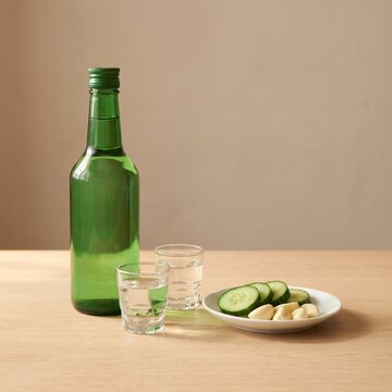 Unlabeled green soju bottle and two shot glasses on a pale oak table in soft daylight