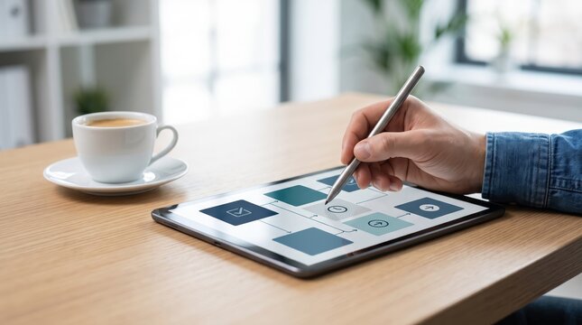 Designer using stylus pen to edit workflow diagram on tablet computer at wooden desk with coffee cup, illustrating project planning