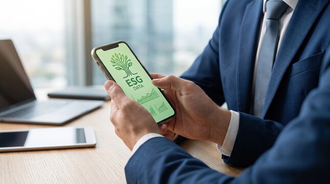 Businessman in a suit checking ESG data on a smartphone screen. The display shows green growth charts and a tree icon symbolizing sustainability, environmental impact