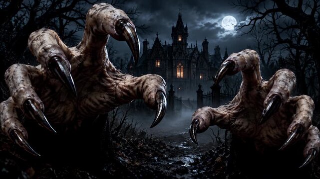 Two supernatural clawed hands slowly reach toward the viewer in front of a haunted Gothic mansion as fog drifts through a dark Halloween forest. 