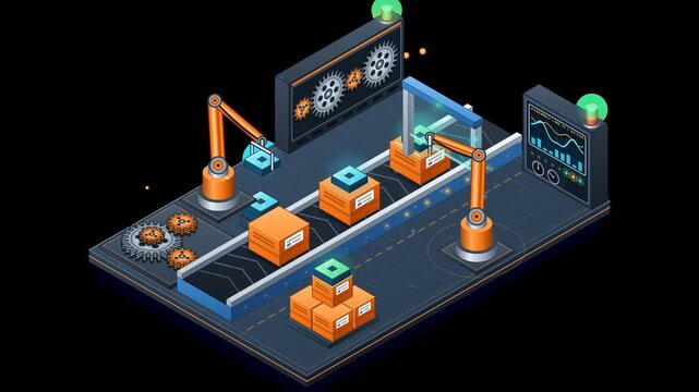 Isometric Smart Factory Assembly Line Animation with Automated Industrial Production On Trasnparent Background