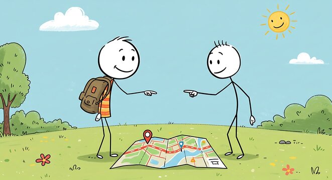 Two stick figures exploring a map outdoors on a sunny day