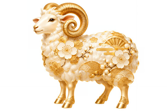 金色の角と梅の花や和柄で装飾された白い羊の華やかな2027年未年のお正月素材