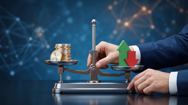 Businessman adjusting balance scale with coins and arrows, financial decision making, investment analysis, economic growth versus decline, market trends, risk assessment