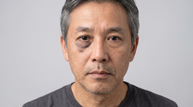 Portrait of an older Asian man with a severe black eye and facial bruise looking at camera
