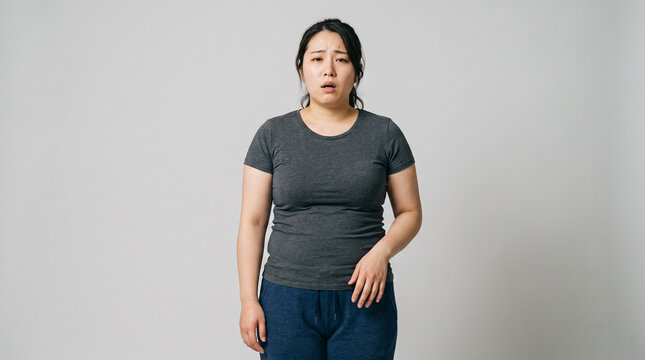白背景でがっかりしてため息をつく少しお腹がぽっこりした体型の20代日本人女性：体型の悩み・ダイエットの挫折のイメージ