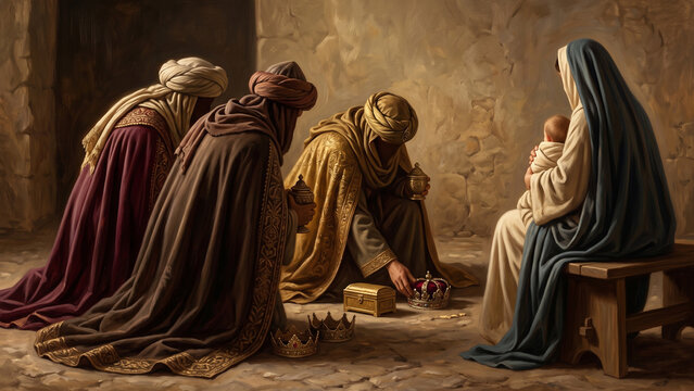 Cloaked Visitors Offer Gifts to a Mother and Baby in Nativity Scene