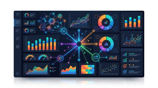 Digital dashboard interface with colorful data charts