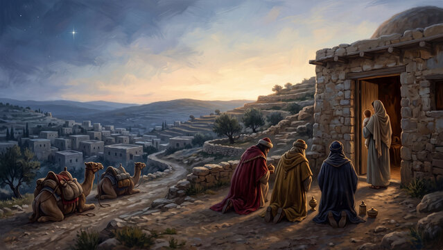 Nativity Visitors Kneel by a Stone Shelter at Twilight