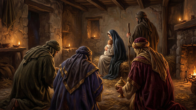Candlelit Nativity Gathering Around a Mother and Infant