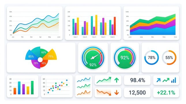 Colorful business data charts and graphs dashboard set