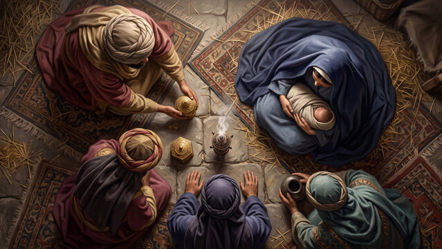 Overhead Nativity Gathering Around a Mother Holding an Infant