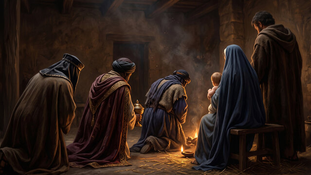Cloaked Visitors Bow Before a Mother and Baby in a Dark Room