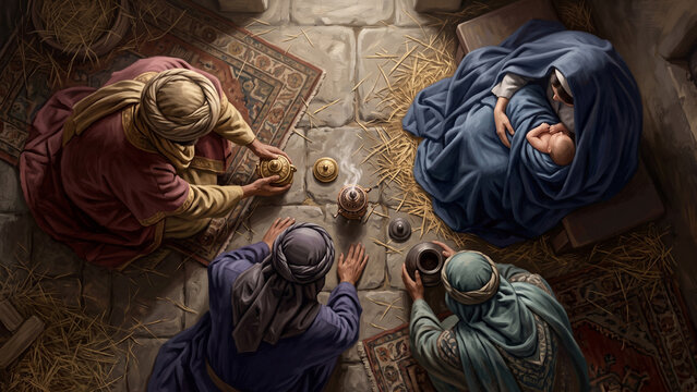 Top View of Visitors Bowing Before a Mother and Baby