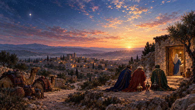 Nativity Visitors Approach a Hillside Shelter at Twilight