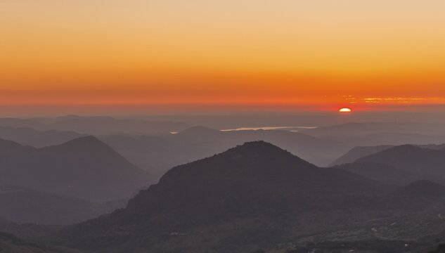 Wooded mountain landscape at sunset, Mirador Puerto del Boyar, Vale del Boyar, Sierra de Grazalema, Andalusia, Spain