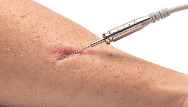 EMG needle placement in a forearm muscle for electromyography and neuropathy assessment on a transparent background.